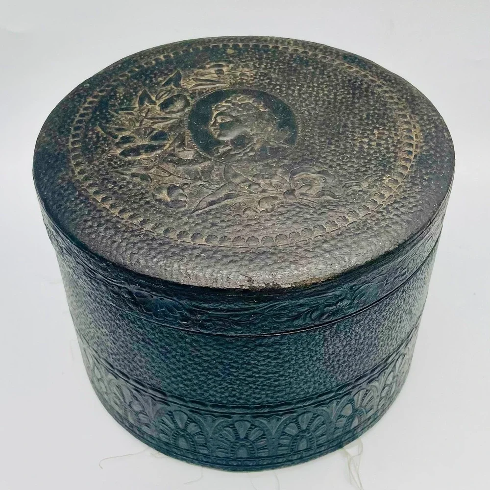 Antique Round Leather Collar Box Embossed Cameo Portrait Black